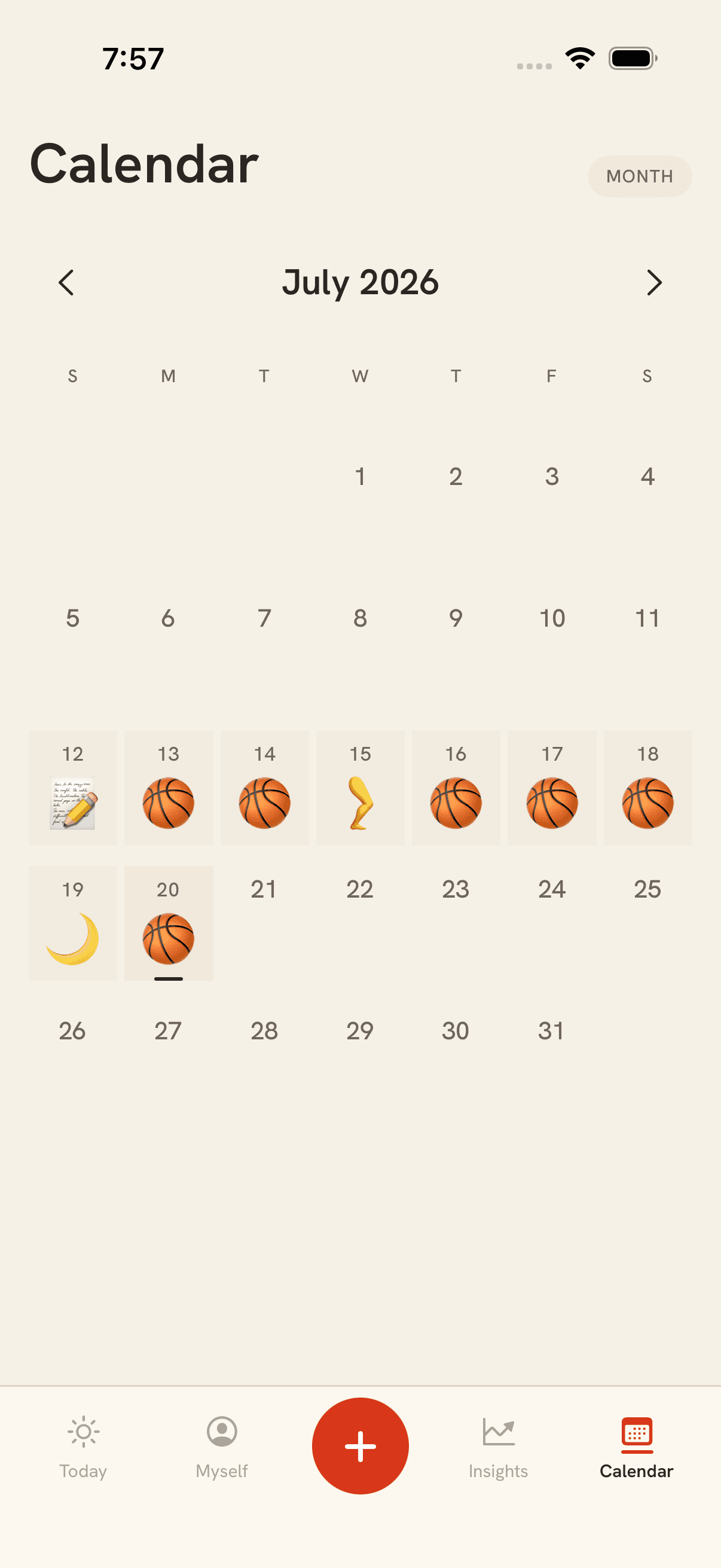 Motus Calendar month view populated with synthetic training records