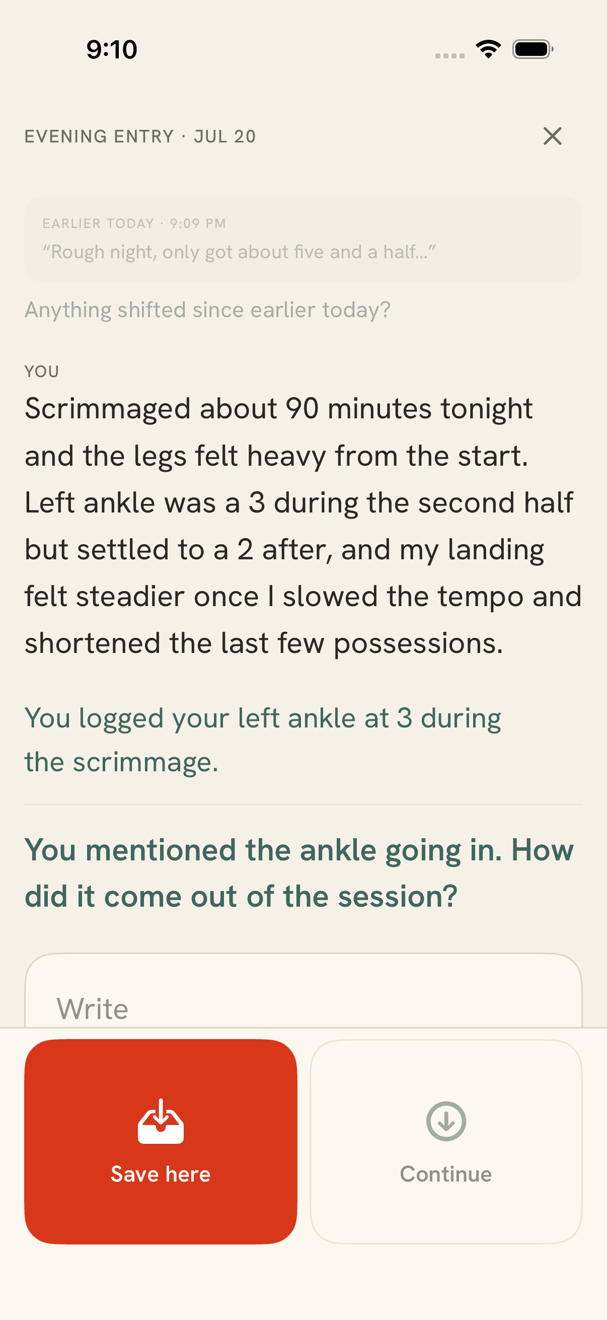 Motus Journal reflecting a synthetic training record and asking one follow-up question