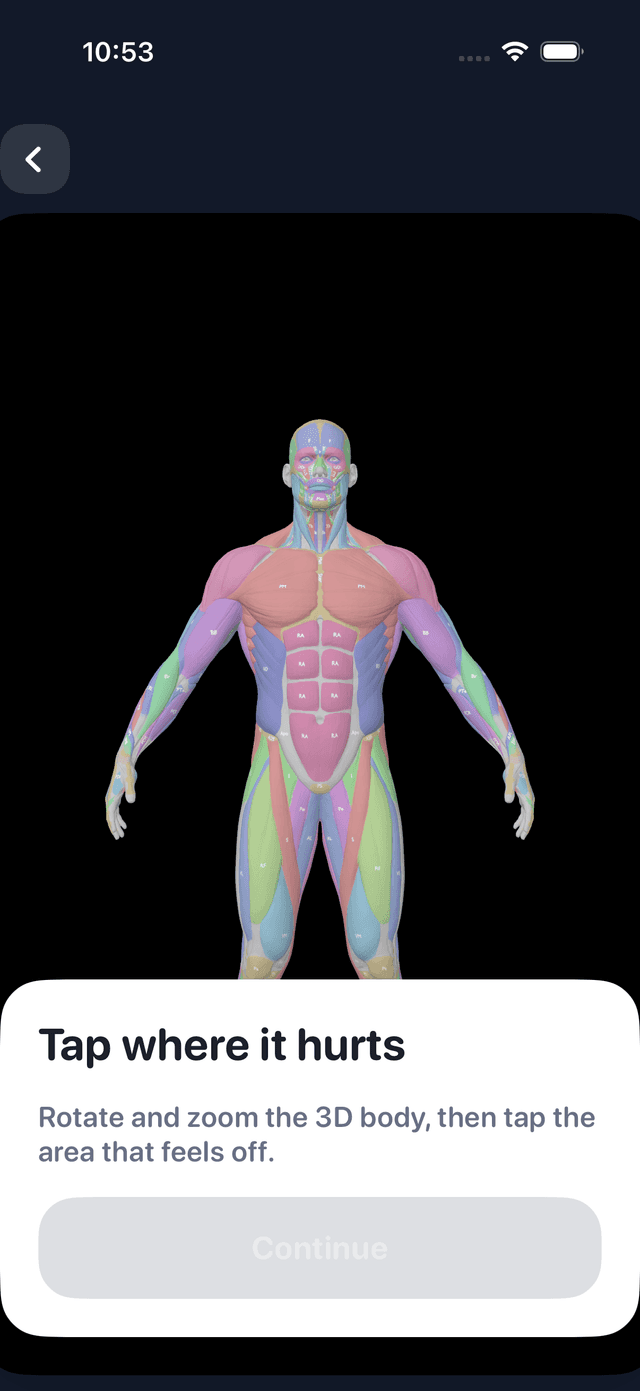 3D body model — tap where it hurts