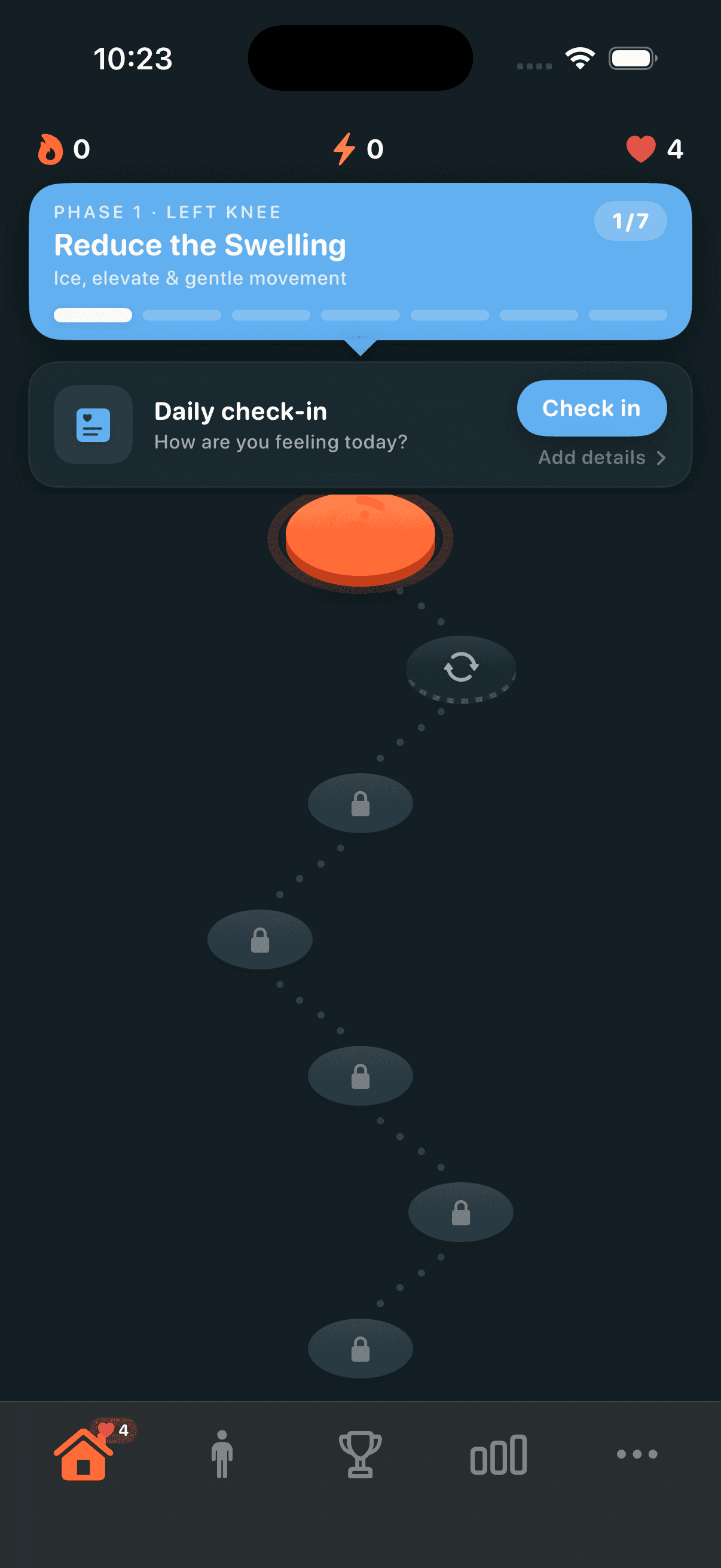 Motus recovery path screen with unlocked and locked lesson nodes